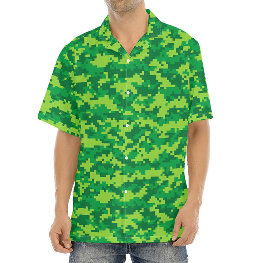 Green Digital Camo Pattern Print Aloha Shirt