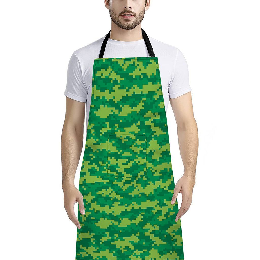 Green Digital Camo Pattern Print Bib Apron With Pocket