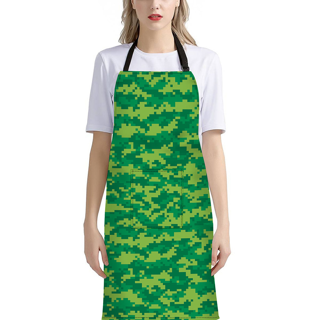Green Digital Camo Pattern Print Bib Apron With Pocket