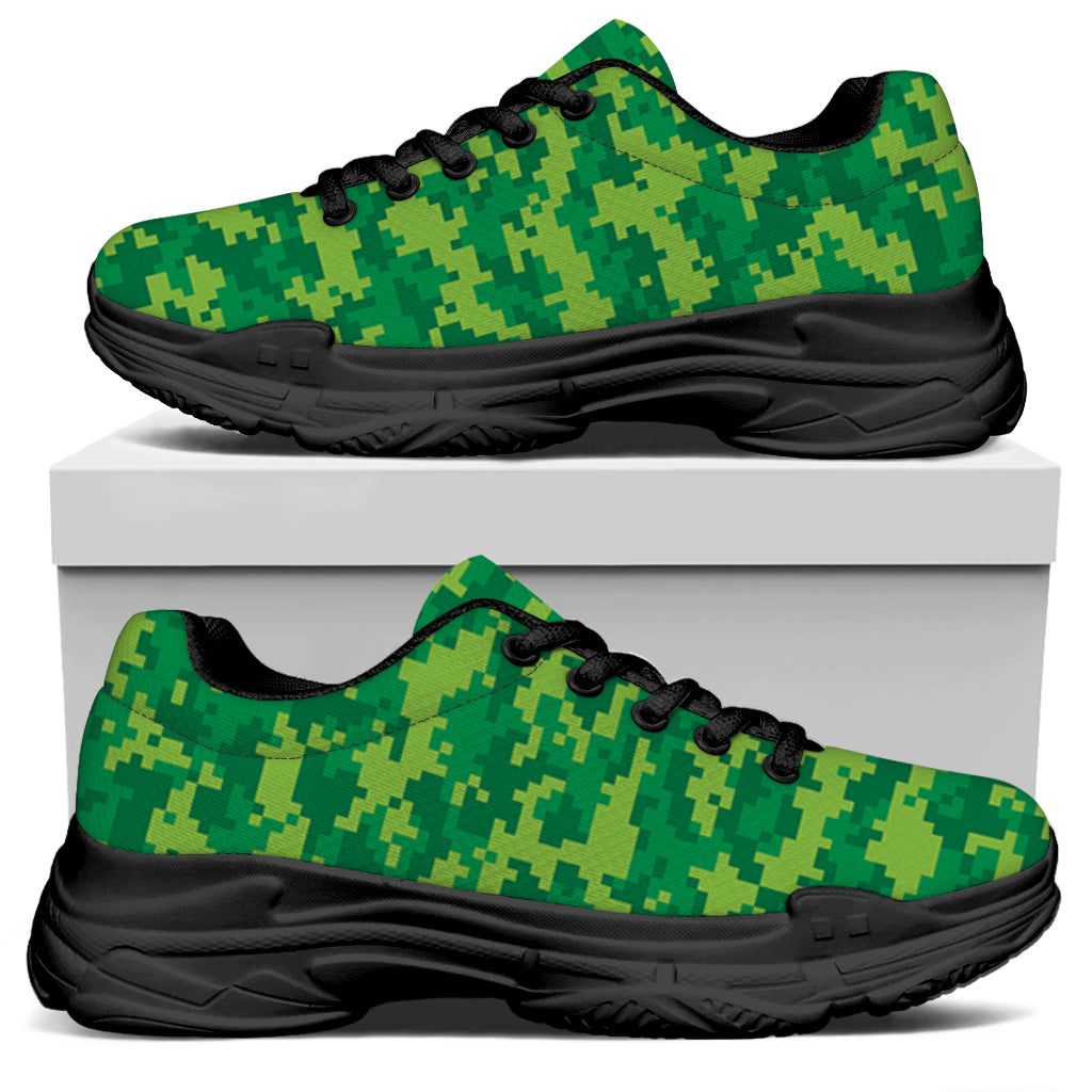 Green Digital Camo Pattern Print Black Chunky Shoes