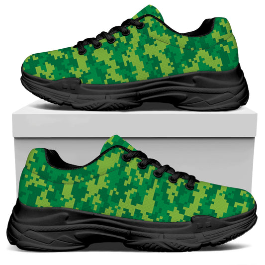 Green Digital Camo Pattern Print Black Chunky Shoes