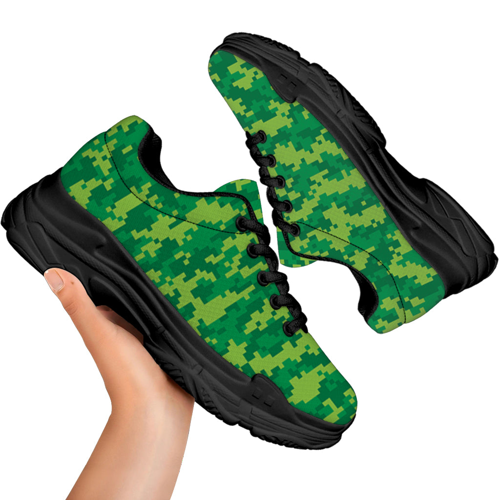 Green Digital Camo Pattern Print Black Chunky Shoes