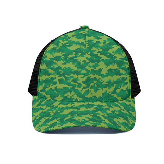 Green Digital Camo Pattern Print Black Mesh Trucker Cap