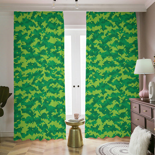 Green Digital Camo Pattern Print Blackout Pencil Pleat Curtains