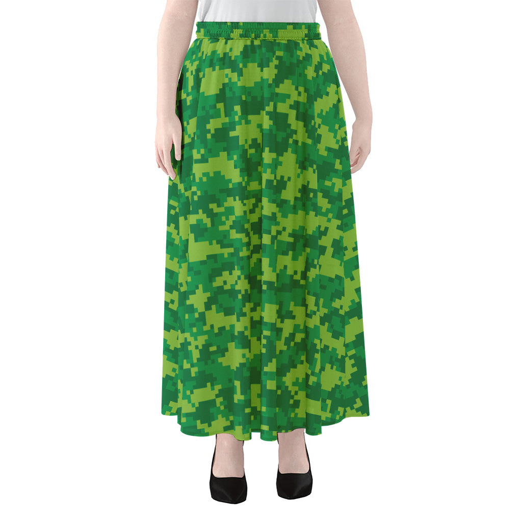 Green Digital Camo Pattern Print Chiffon Maxi Skirt