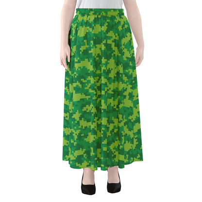 Green Digital Camo Pattern Print Chiffon Maxi Skirt