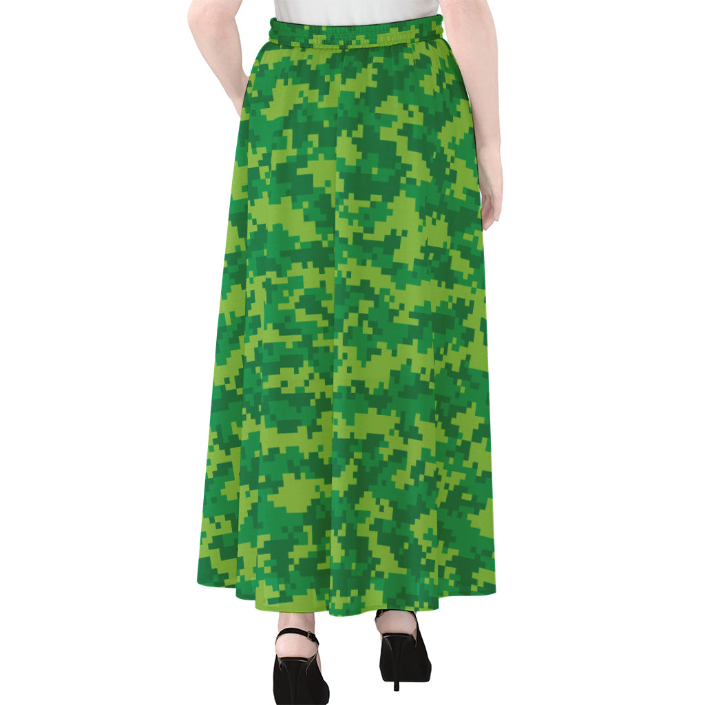 Green Digital Camo Pattern Print Chiffon Maxi Skirt