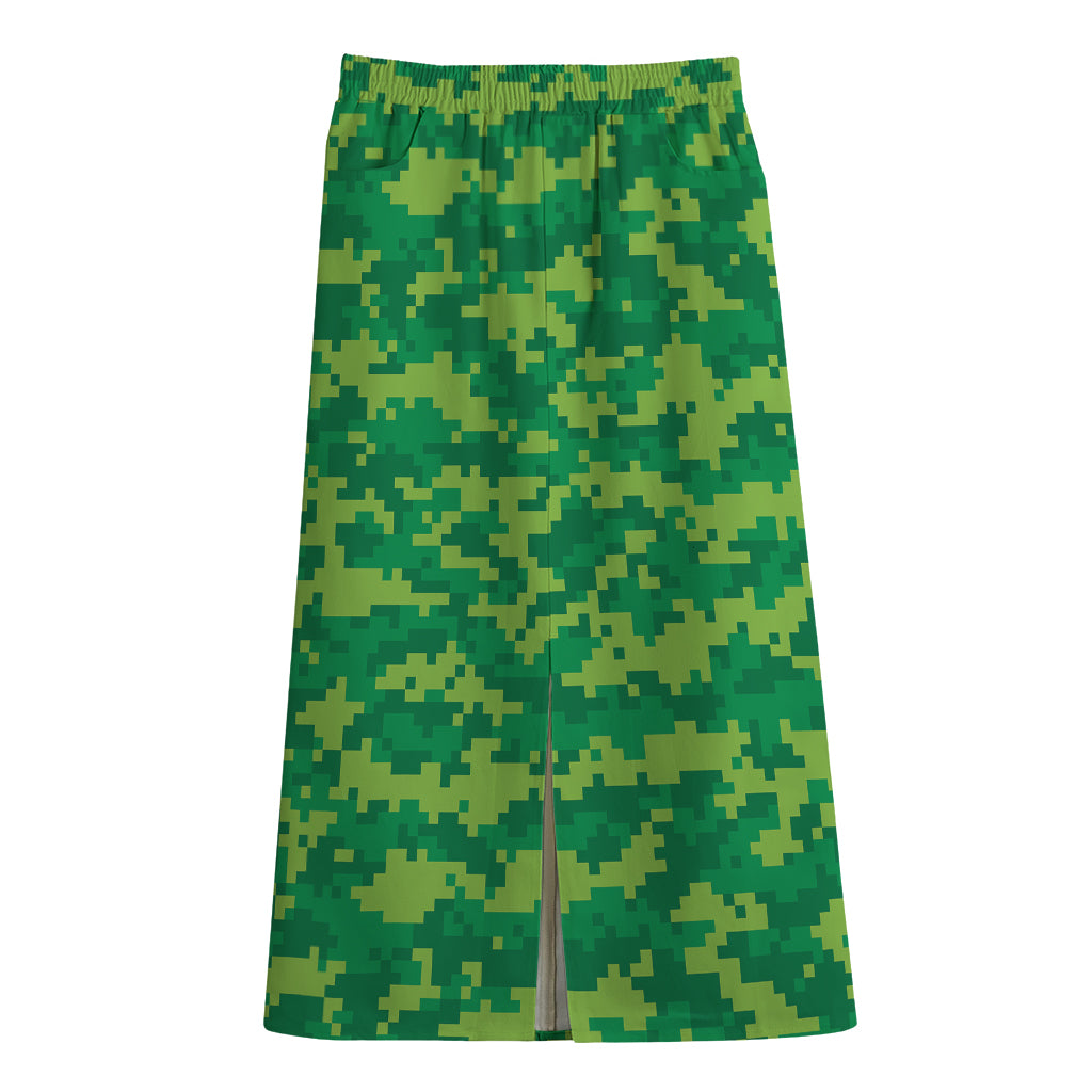 Green Digital Camo Pattern Print Cotton Front Slit Maxi Skirt