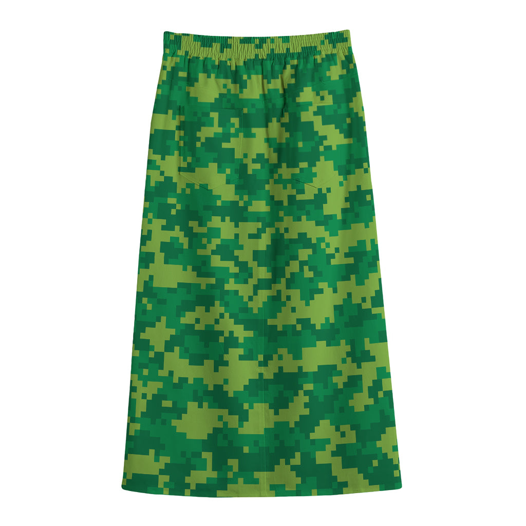 Green Digital Camo Pattern Print Cotton Front Slit Maxi Skirt