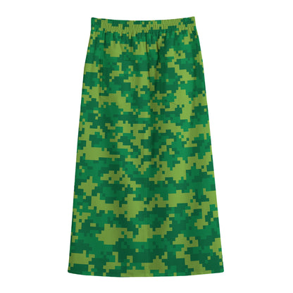 Green Digital Camo Pattern Print Cotton Front Slit Maxi Skirt