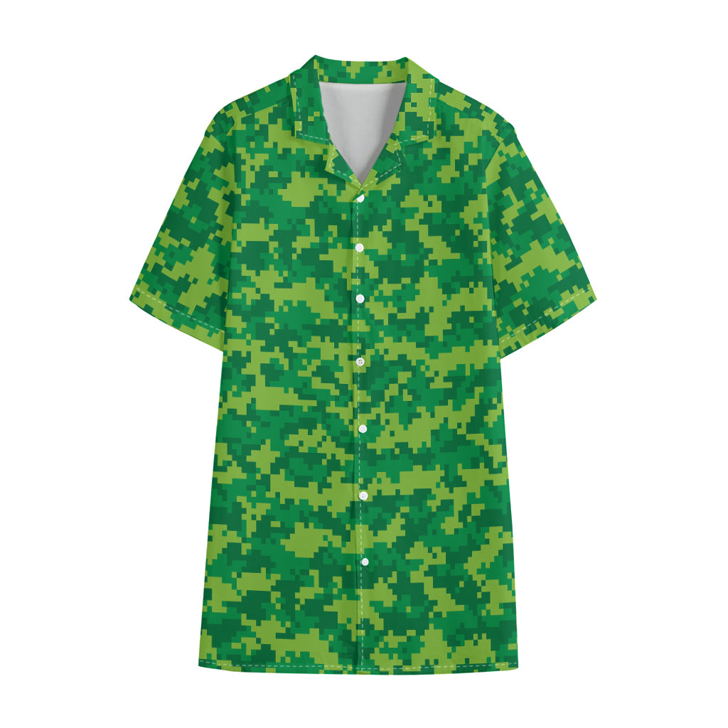 Green Digital Camo Pattern Print Cotton Hawaiian Shirt