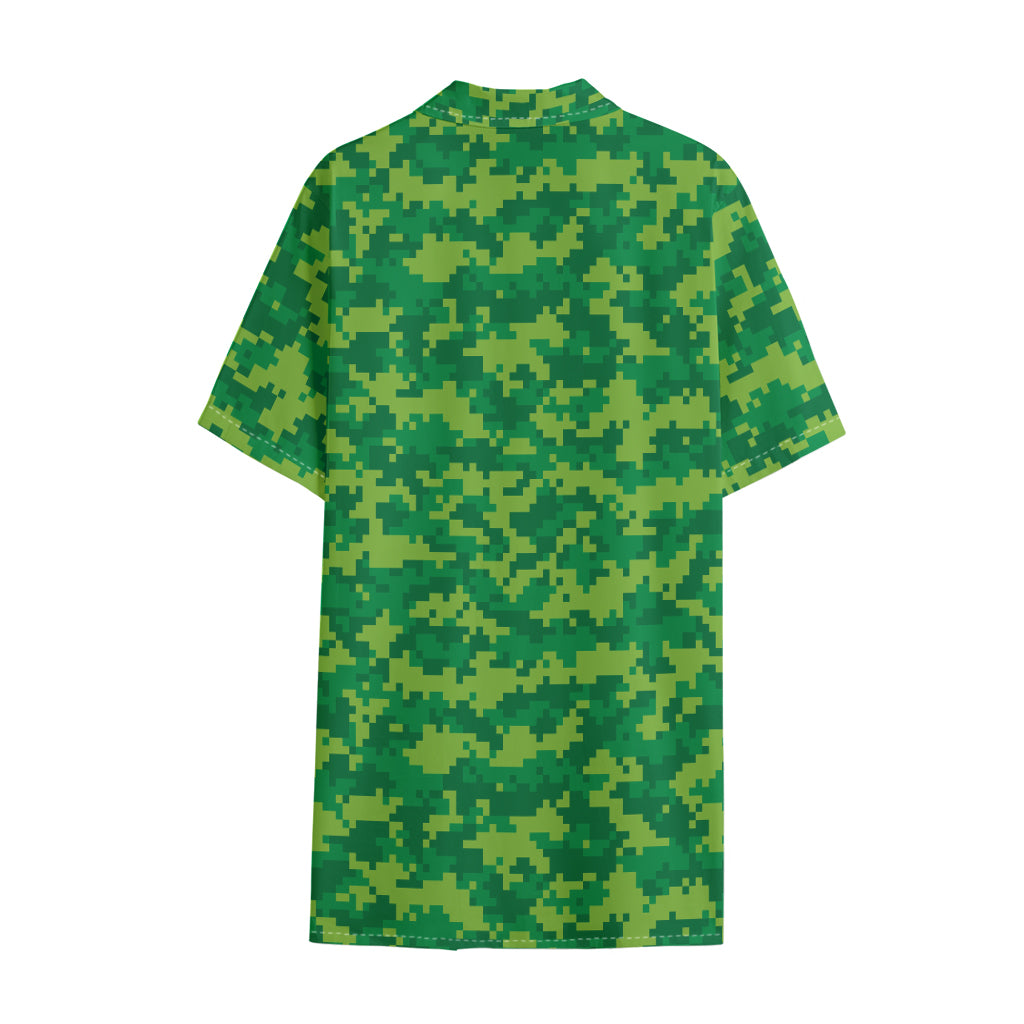 Green Digital Camo Pattern Print Cotton Hawaiian Shirt
