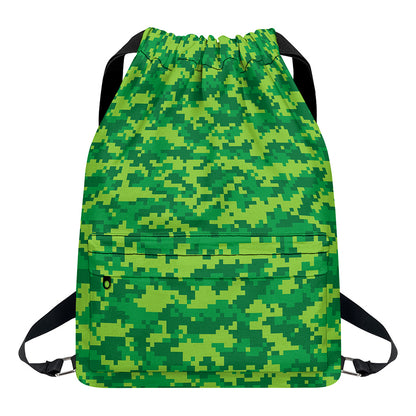Green Digital Camo Pattern Print Drawstring Backpack