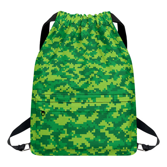 Green Digital Camo Pattern Print Drawstring Backpack