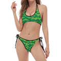 Green Digital Camo Pattern Print Halter Scoop Tie Side Bikini