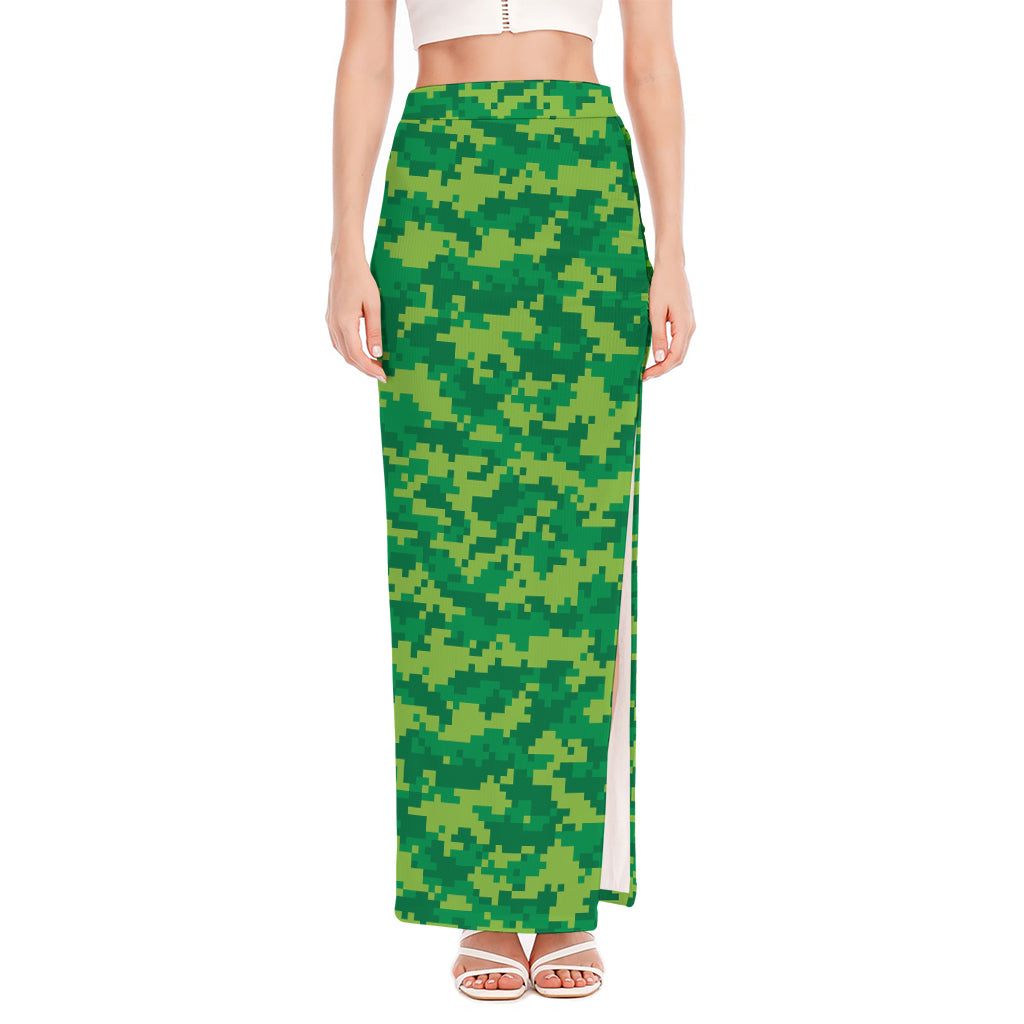 Green Digital Camo Pattern Print High Slit Maxi Skirt
