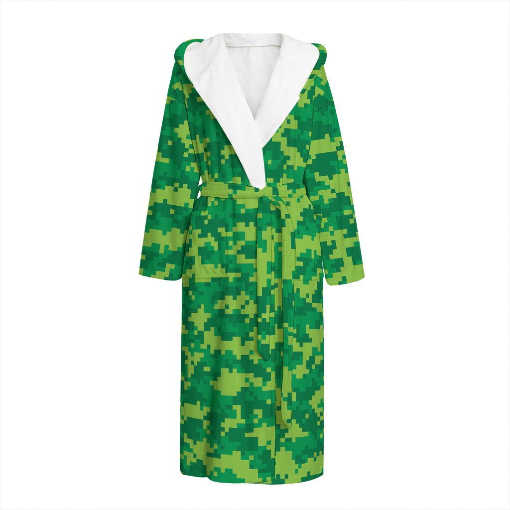 Green Digital Camo Pattern Print Hooded Bathrobe