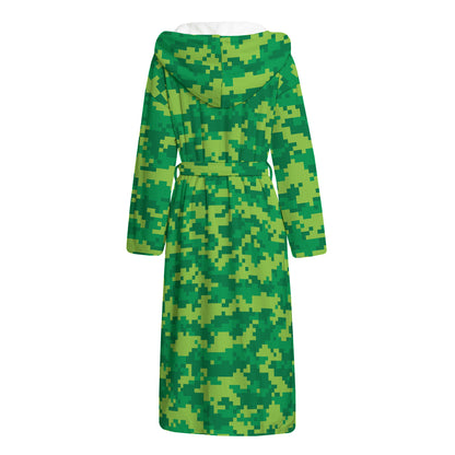 Green Digital Camo Pattern Print Hooded Bathrobe