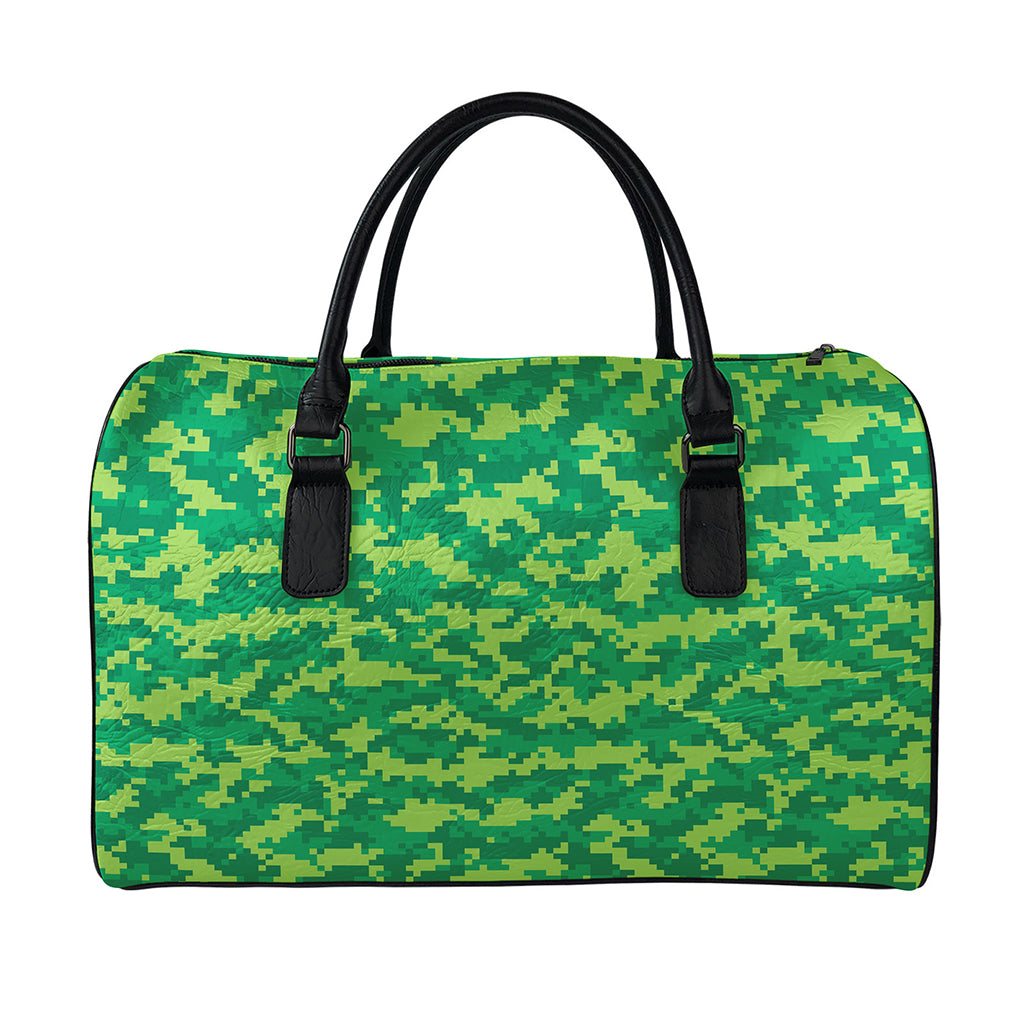 Green Digital Camo Pattern Print Leather Duffle Bag