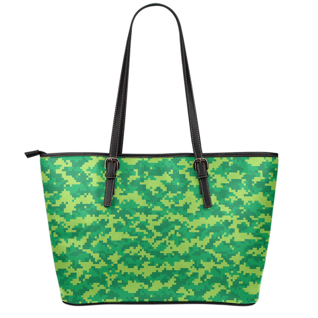 Green Digital Camo Pattern Print Leather Tote Bag