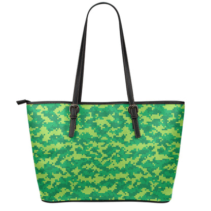 Green Digital Camo Pattern Print Leather Tote Bag