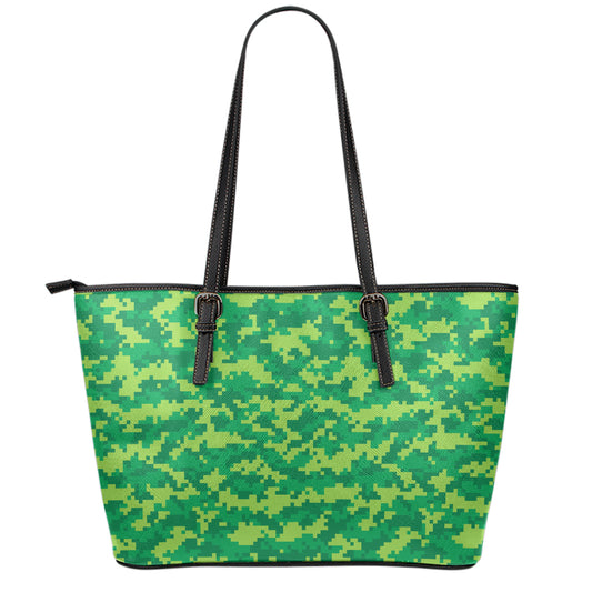 Green Digital Camo Pattern Print Leather Tote Bag