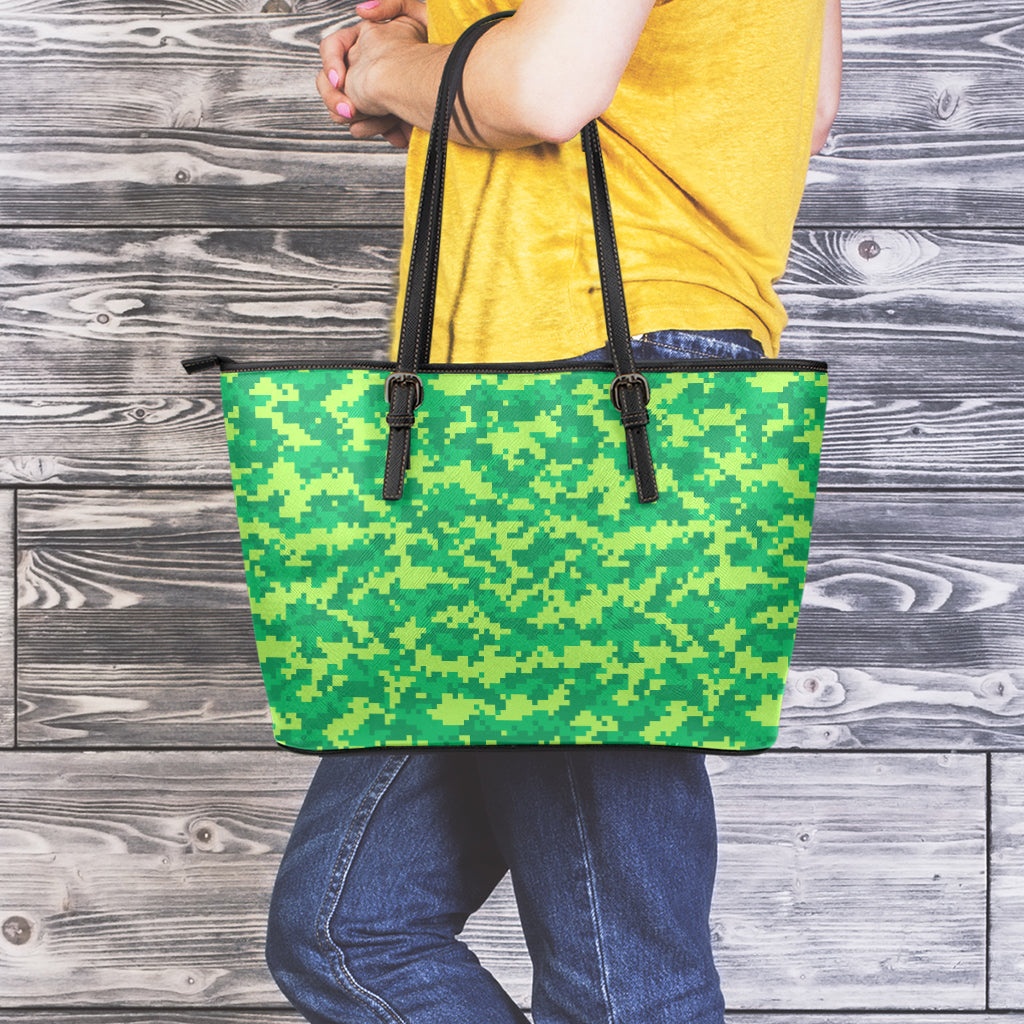Green Digital Camo Pattern Print Leather Tote Bag