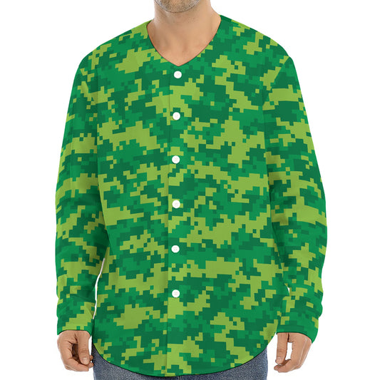 Green Digital Camo Pattern Print Long Sleeve Baseball Jersey