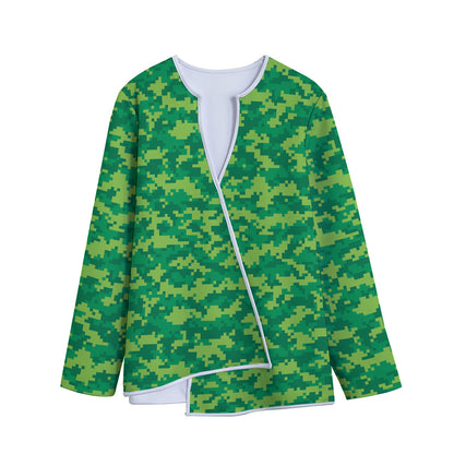 Green Digital Camo Pattern Print Long Sleeve Short Coat