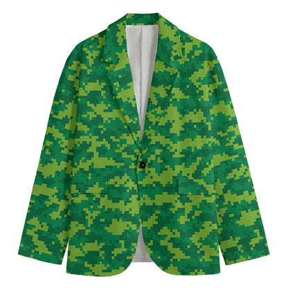 Green Digital Camo Pattern Print Men's Cotton Blazer