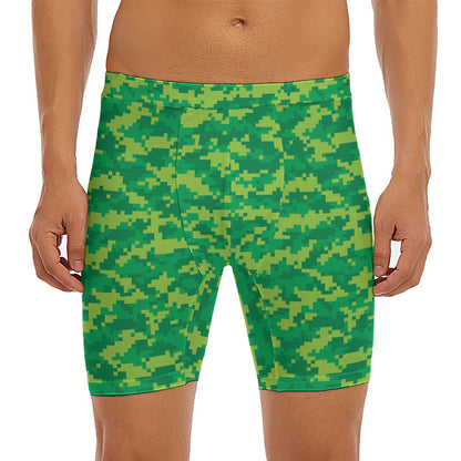 Green Digital Camo Pattern Print Men's Long Boxer Briefs