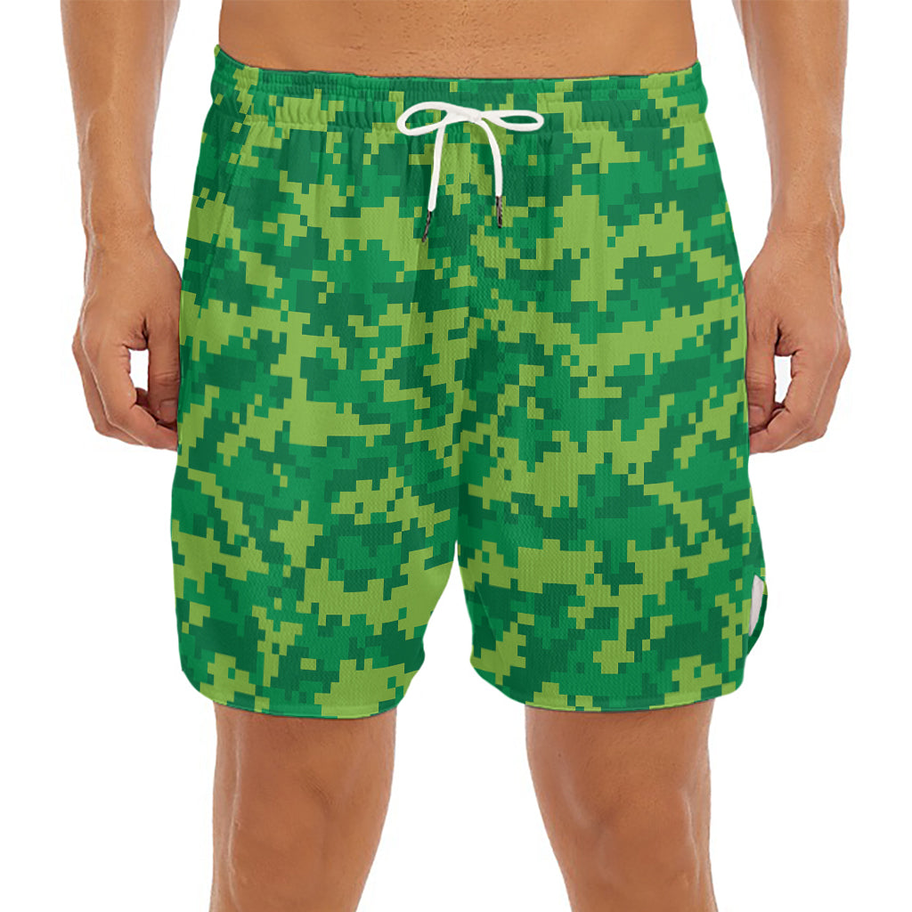 Green Digital Camo Pattern Print Men's Split Running Shorts