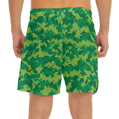 Green Digital Camo Pattern Print Men's Split Running Shorts