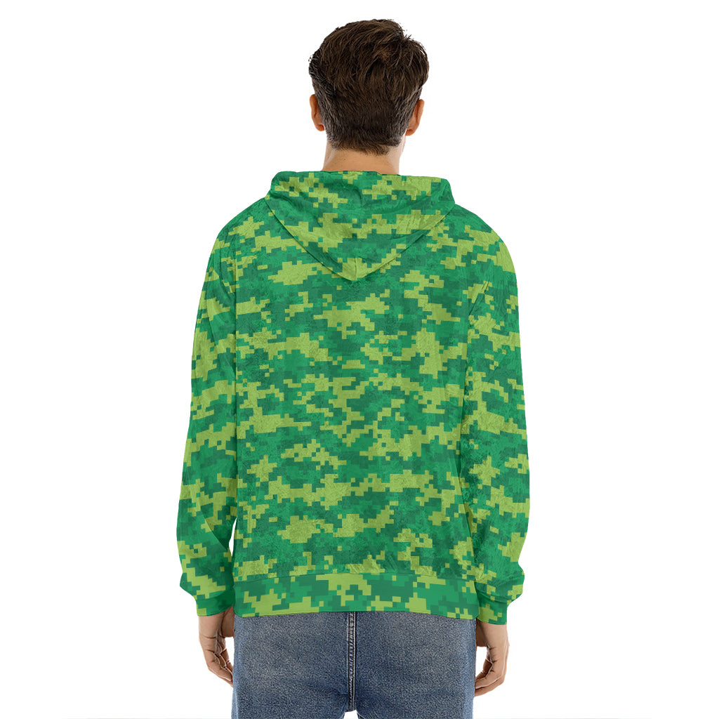 Green Digital Camo Pattern Print Men's Velvet Pullover Hoodie