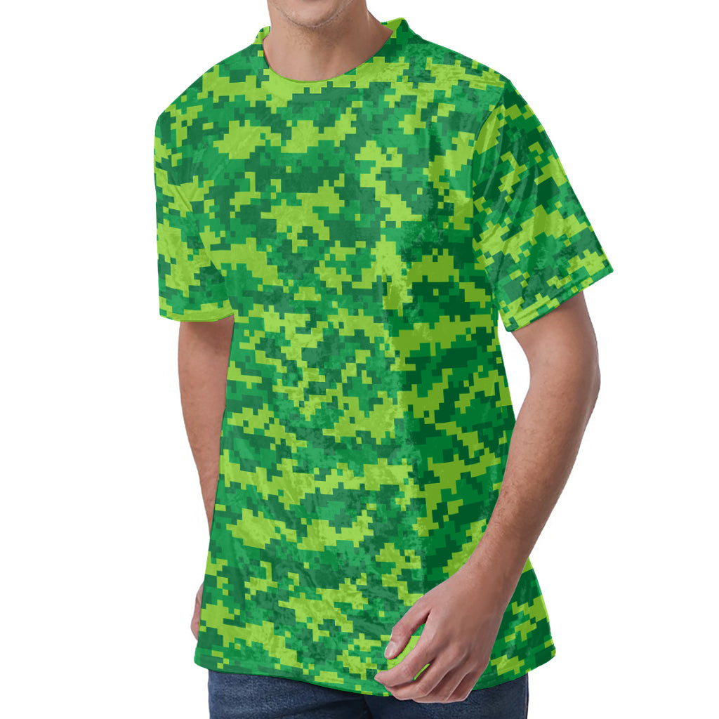 Green Digital Camo Pattern Print Men's Velvet T-Shirt