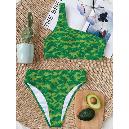 Green Digital Camo Pattern Print One Shoulder Bikini Top
