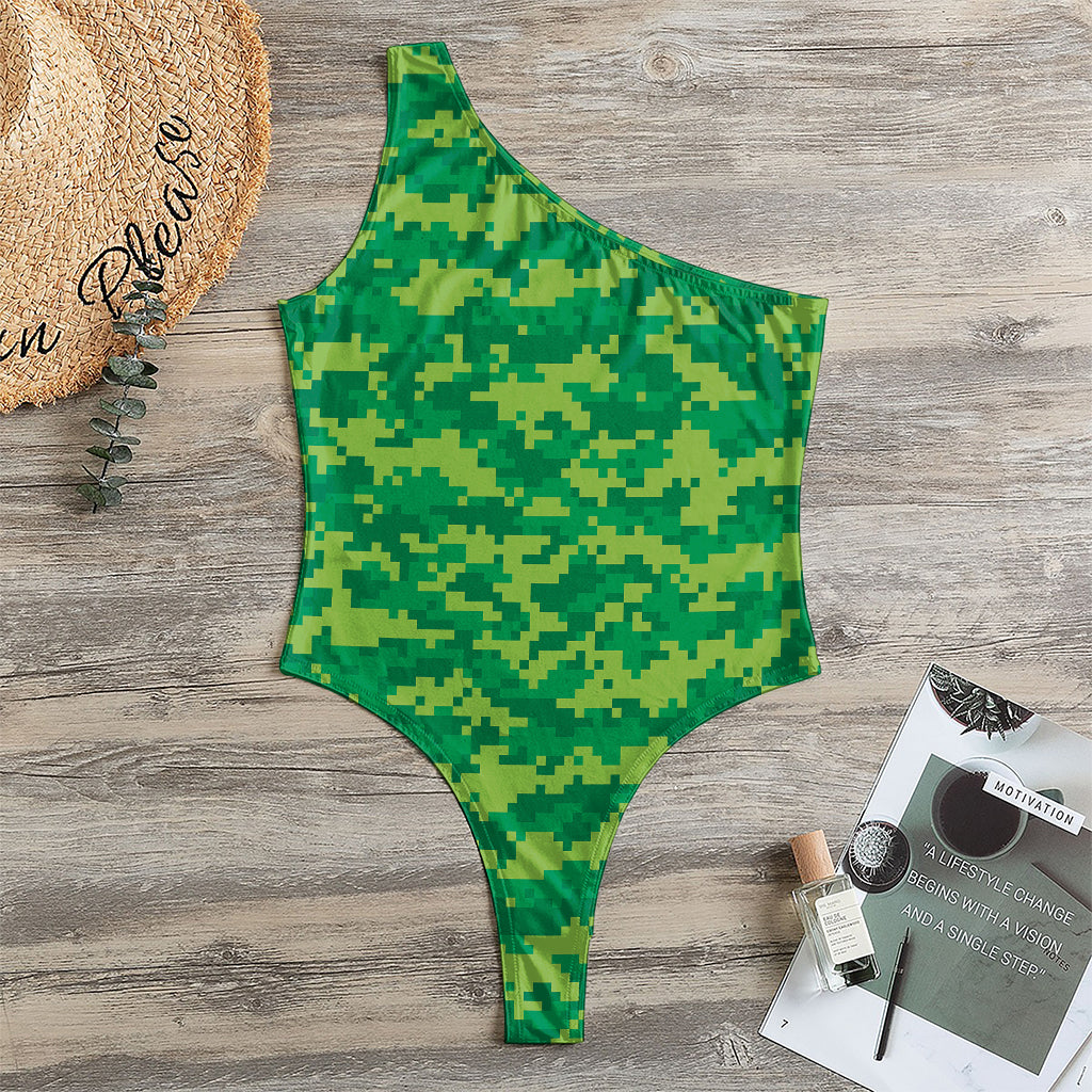 Green Digital Camo Pattern Print One Shoulder Bodysuit