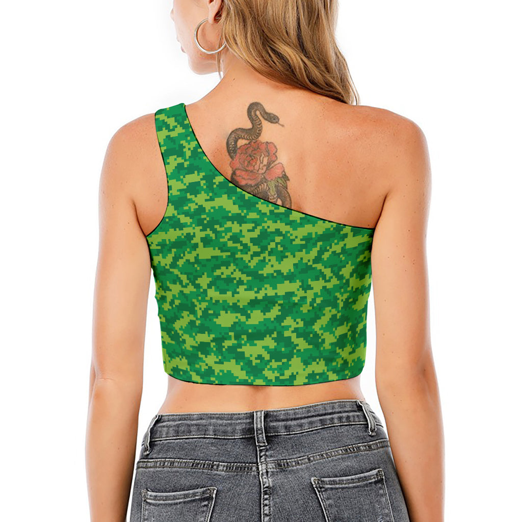Green Digital Camo Pattern Print One Shoulder Crop Top