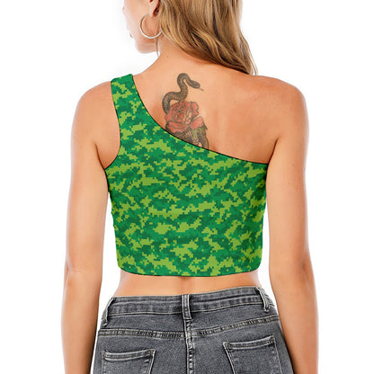 Green Digital Camo Pattern Print One Shoulder Crop Top