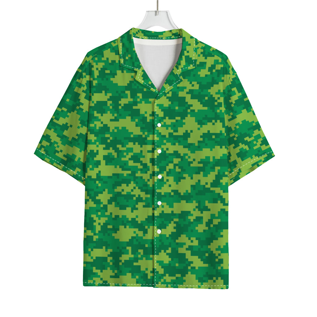 Green Digital Camo Pattern Print Rayon Hawaiian Shirt