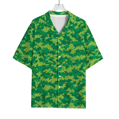Green Digital Camo Pattern Print Rayon Hawaiian Shirt