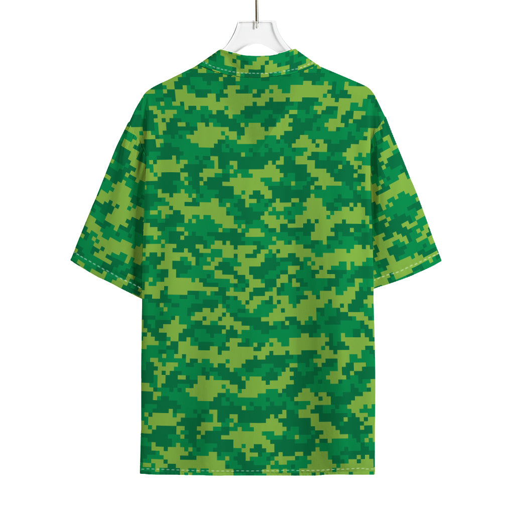 Green Digital Camo Pattern Print Rayon Hawaiian Shirt