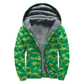 Green Digital Camo Pattern Print Sherpa Lined Zip Up Hoodie