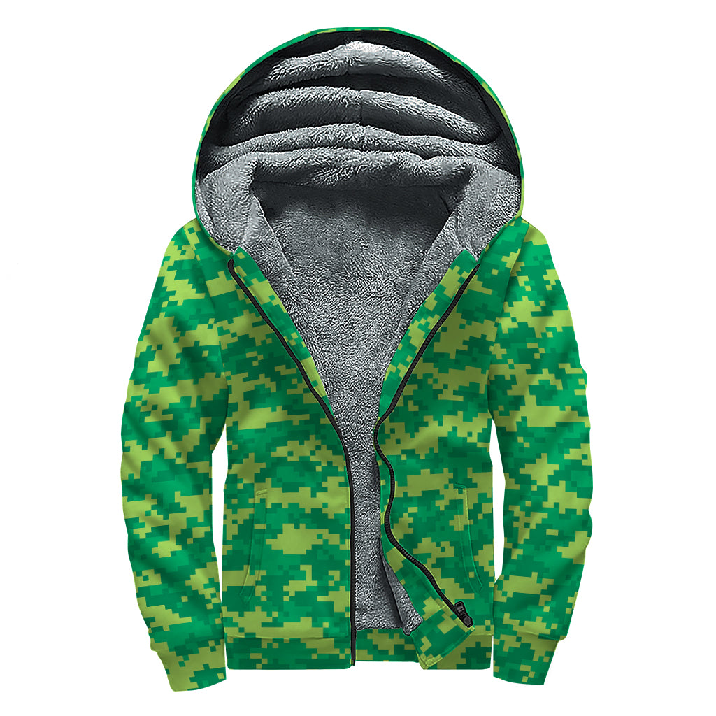 Green Digital Camo Pattern Print Sherpa Lined Zip Up Hoodie