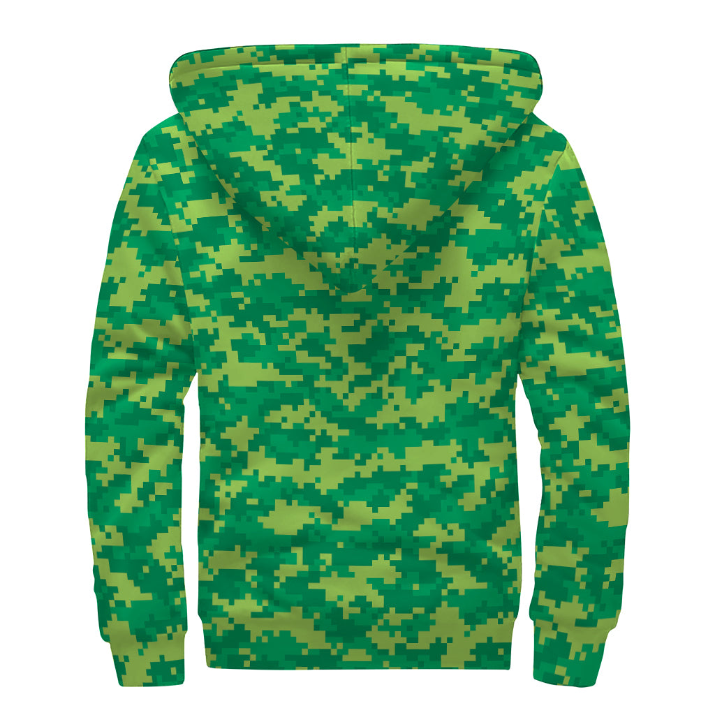 Green Digital Camo Pattern Print Sherpa Lined Zip Up Hoodie