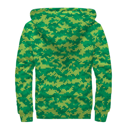 Green Digital Camo Pattern Print Sherpa Lined Zip Up Hoodie