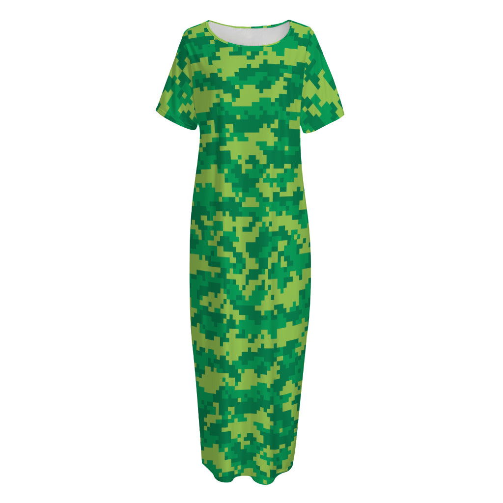 Green Digital Camo Pattern Print Short Sleeve Long Nightdress