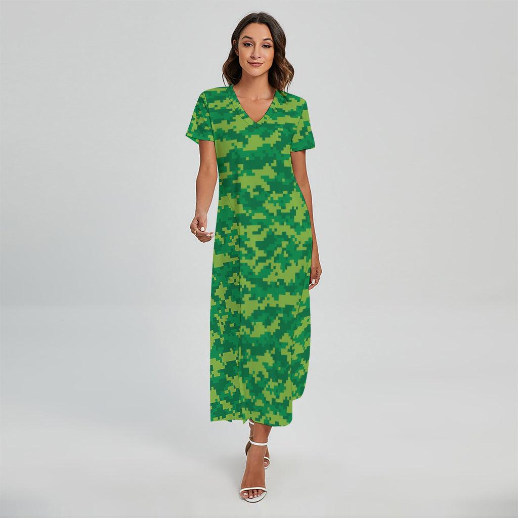 Green Digital Camo Pattern Print Short Sleeve Maxi Dress