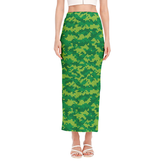 Green Digital Camo Pattern Print Side Slit Maxi Skirt