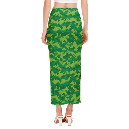 Green Digital Camo Pattern Print Side Slit Maxi Skirt